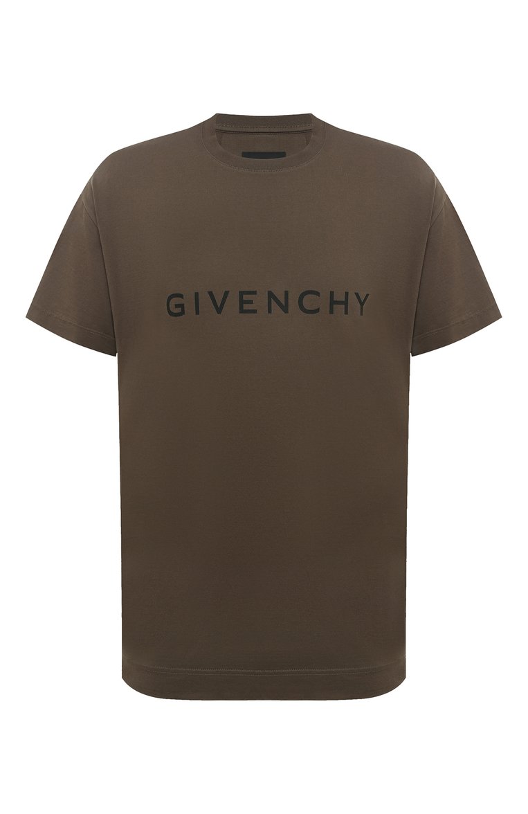 Мужская хлопковая футболка GIVENCHY хаки цвета, арт. BM716N3YAC | Фото 1 (Рукава: Короткие; Принт: С принтом; Длина (для топов): Удлиненные; Материал сплава: Проставлено; Стили: Милитари; Материал внешний: Хлопок; Драгоценные камни: Проставлено)