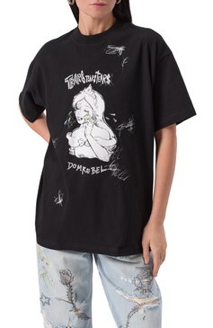 Женская хлопковая футболка DOMREBEL черного цвета, арт. CASHCRY T-SHIRT | Фото 3 (Рукава: Короткие; Драгоценные камни: Проставлено; Материал сплава: Проставлено; Длина (для топов): Удлиненные; Принт: С принтом; Стили: Гранж; Материал внешний: Хлопок)