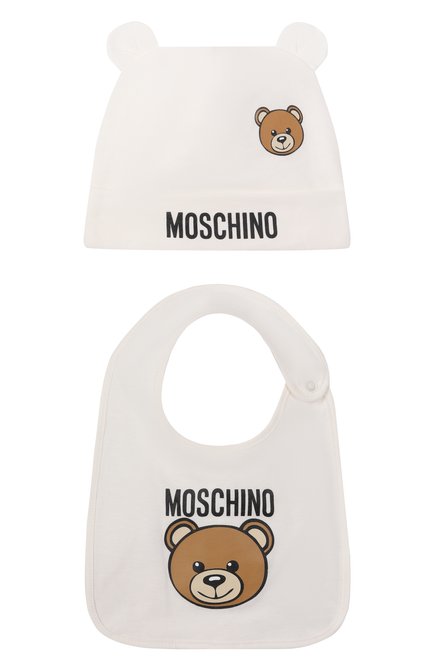 Детского комплект из шапки и нагрудника MOSCHINO кремвого цвета, арт. MUY084/LCA19 | Фото 1 (Материал сплава: Проставлено; Материал: Хлопок, Текстиль; Нос: Не проставлено)