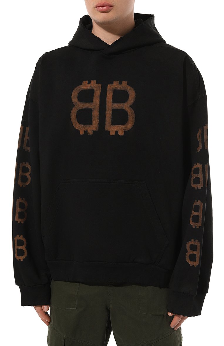 Мужской хлопковое худи BALENCIAGA черного цвета, арт. 742603/T0VN7 | Фото 3 (Рукава: Длинные; Длина (�для топов): Стандартные; Материал внешний: Хлопок; Стили: Спорт-шик; Принт: С принтом; Мужское Кросс-КТ: Худи-одежда)