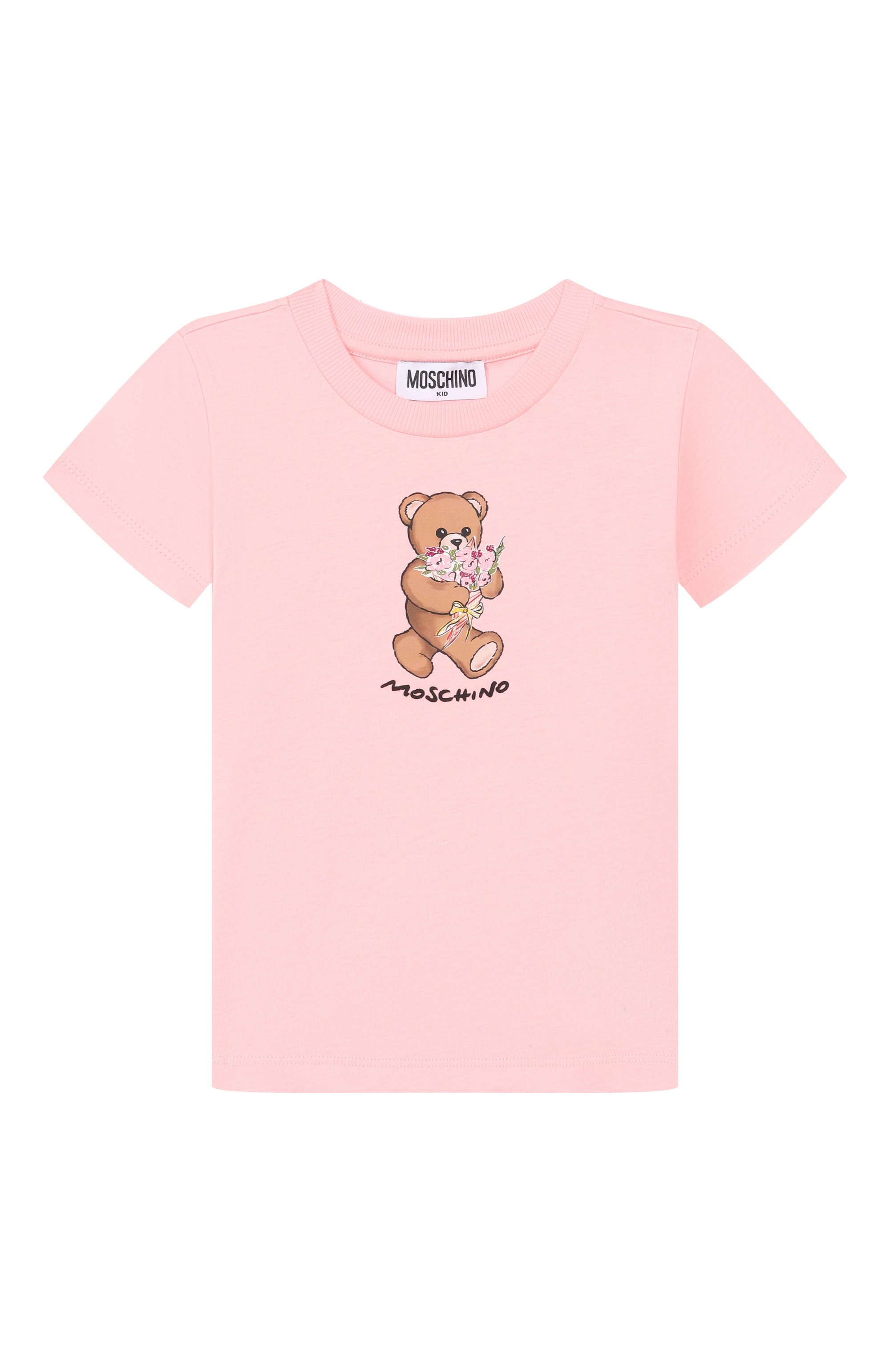 Хлопковая футболка MOSCHINO светло-розового цвета по цене 9580 руб., арт. HGM06K/LAA02_001, фото 1 Хлопковая футболка MOSCHINO, арт. HGM06K/LAA02_001, фото 1