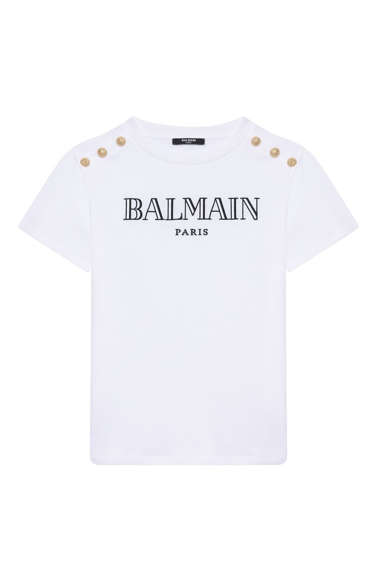 Детская хлопковая футболка BALMAIN белого цвета, арт. BW8A21 | Фото 1 (Материал внешний: Хлопок; Рукава: Короткие; �Девочки Кросс-КТ: футболка-одежда; Ростовка одежда: 10 - 11 лет | 140 - 146см, 12 лет | 152 см, 8 лет | 128 см, 6 лет | 116 см, 13 - 15 лет | 158 см, 16 лет | 164 см)