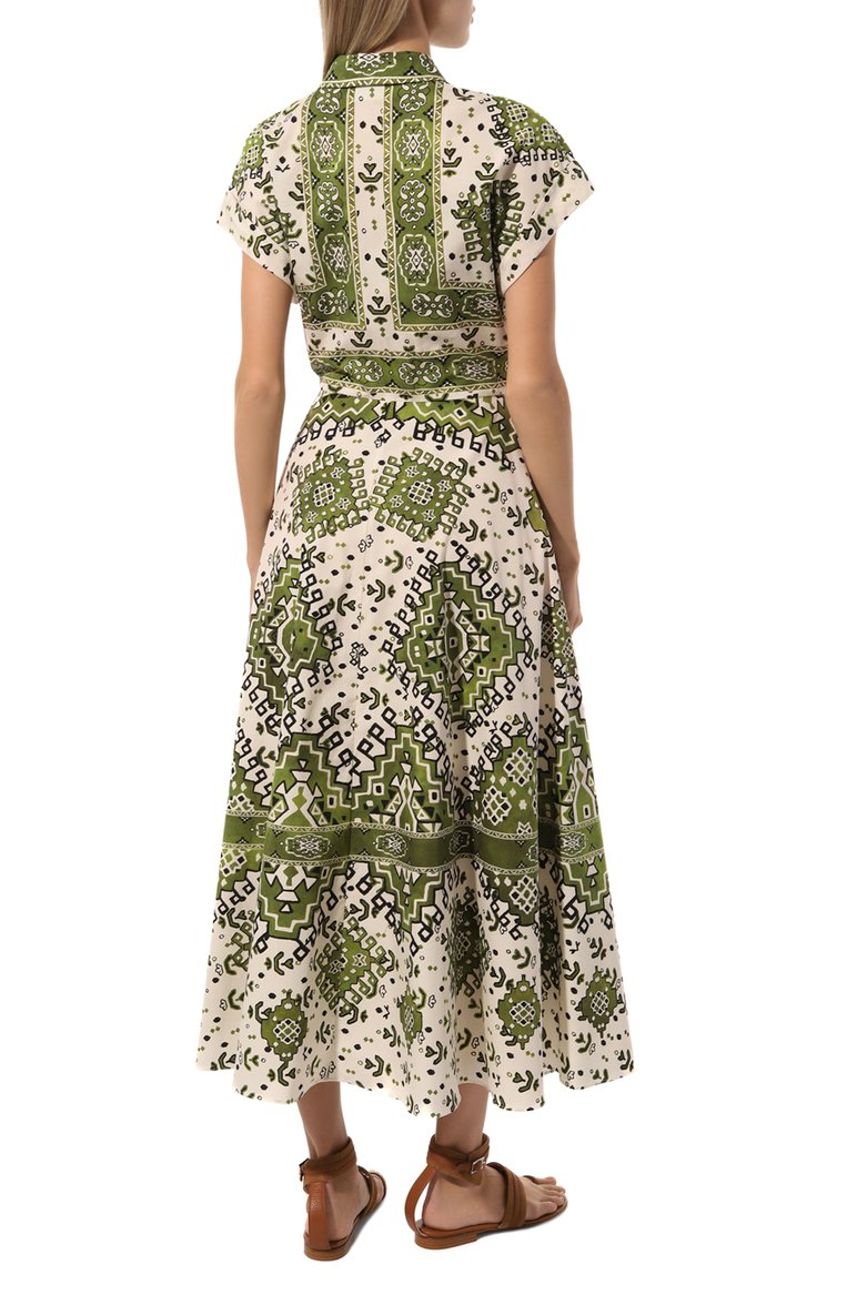 Женское хлопковое платье GIAMBATTISTA VALLI зеленого цвета, арт. 24FWPVCA560T-52PRI | Фото 4 (Материал сплава: Проставлено; Драгоценные камни: Проставлено; Рукава: Короткие; Материал внешний: Хлопок; Длина Ж (юбки, платья, шорты): Миди; Женское Кросс-КТ: Платье-одежда; Стили: Ретро; Случай: Повседневный)