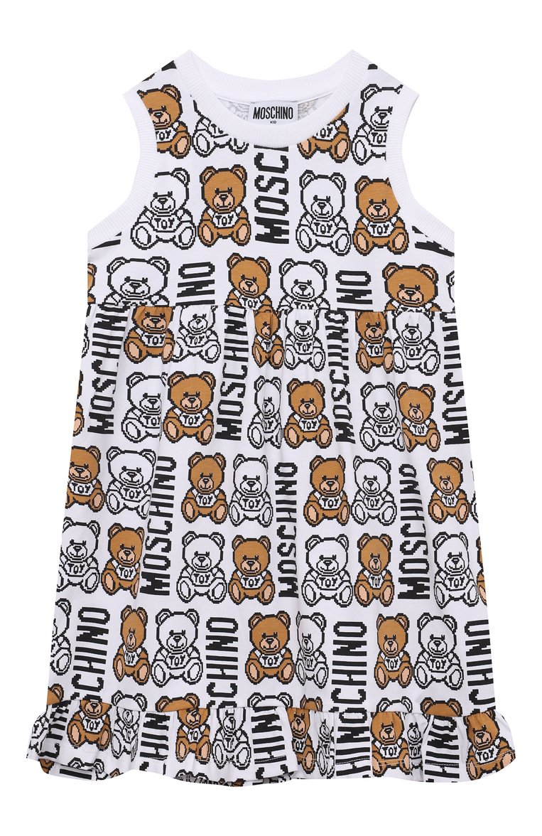 Детское хлопковое платье MOSCHINO белого цвета, арт. HDV0BI/LBB89/10A-14A | Фото 1 (Материал внешний: Хлопок; Девочки Кросс-КТ: Платье-одежда; Случай: Повседневный; Региональные ограничения белый список (Axapta Mercury): Не проставлено; Нос: Не проставлено; Рукава: Без рукавов; Ростовка одежда: 10 - 11 лет | 140 - 146см, 12 лет | 152 см, 13 - 15 лет | 158 см)