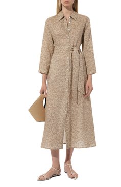 Женское льняное платье KITON бежевого цвета, арт. D57308H08001 | Фото 2 (Материал внешний: Лен; Рукава: Длинные; Длина Ж (юбки, платья, шорты): Миди; Случай: Повседневный; Женское Кросс-КТ: Платье-одежда)