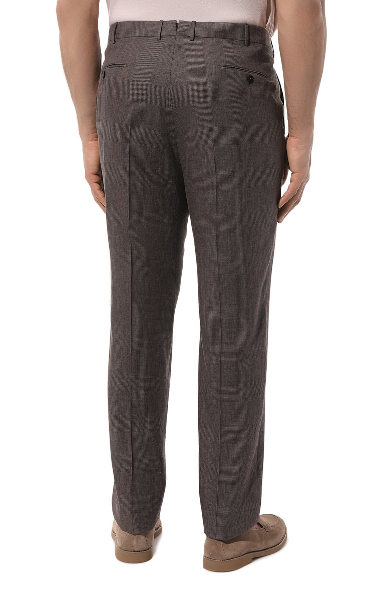 Мужские брюки из шерсти и льна ZEGNA темно-коричневого цвета, арт. 749F09A7/75TB12 | Фото 4 (Материал внешний: Шерст�ь, Лен; Длина (брюки, джинсы): Стандартные; Стили: Кэжуэл; Случай: Повседневный)