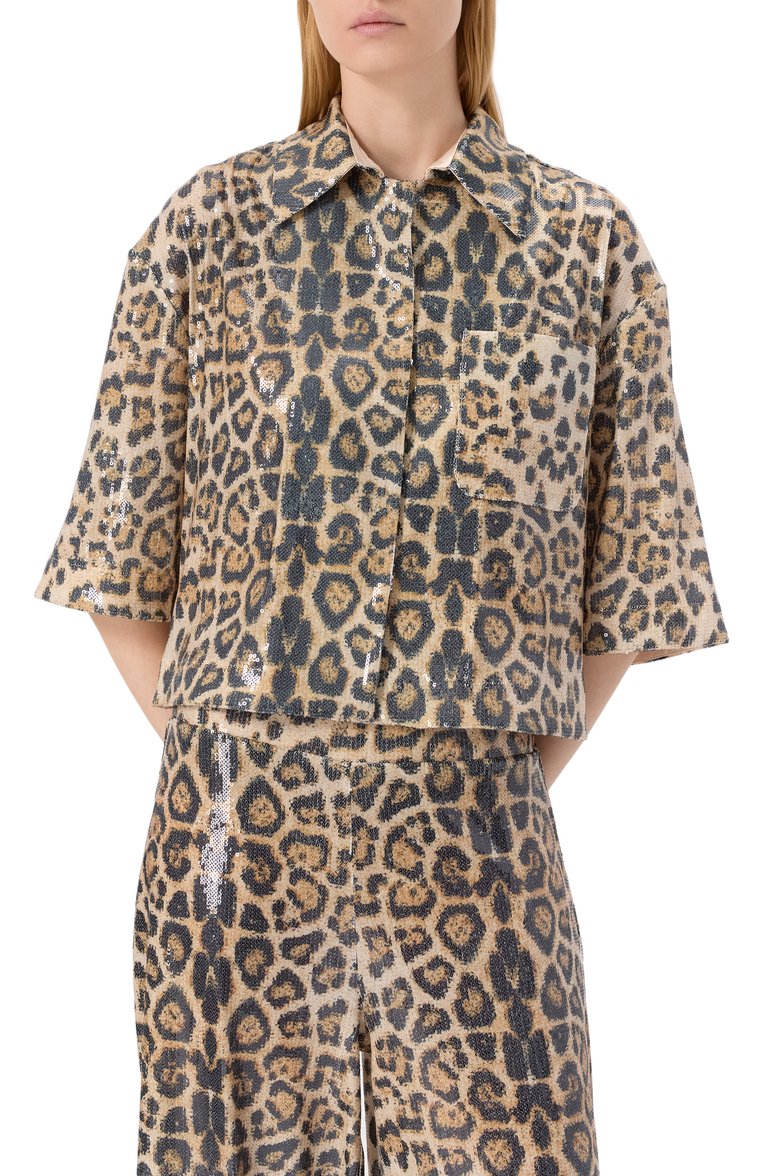Женская блузка с отделкой пайетками IN THE MOOD FOR LOVE леопардового цвета, арт. RS2501500012 | Фото 3 (Рукава: 3/4; Материал сплава: Проставлено; Драгоценные камни: Проставлено; Длина (для топов): Стандартные; Кросс-КТ: костюм; Принт: С принтом; Женское Кросс-КТ: Блуза-одежда; Стили: Гламурный; Материал внешний: Синтетический материал)