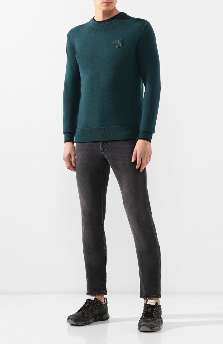 Мужской шерстяной джемпер KENZO зеленого цвета, арт. F965PU2023AB | Фото 2 (Материал внешний: Шерсть; Длина (для топов): Стандартные; Рукава от горловины: Длинные; Мужское Кросс-КТ: Джемперы; Рукава: Длинные; Статус проверки: Проверено, Проверена категория; Принт: Без принта; Вырез: Круглый; Стили: Кэжуэл)