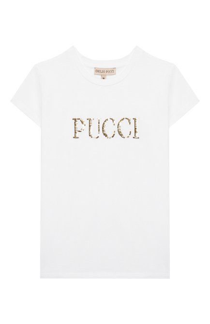 Детская хлопковая футболка EMILIO PUCCI белого цвета, арт. 9M8011/MX170/10-14 | Фото 1 (Материал внешний: Хлопок; Рукава: Короткие; Девочки Кросс-КТ: футболка-одежда; Ростовка одежда: 10 - 11 лет | 140 - 146см, 12 лет | 152 см)