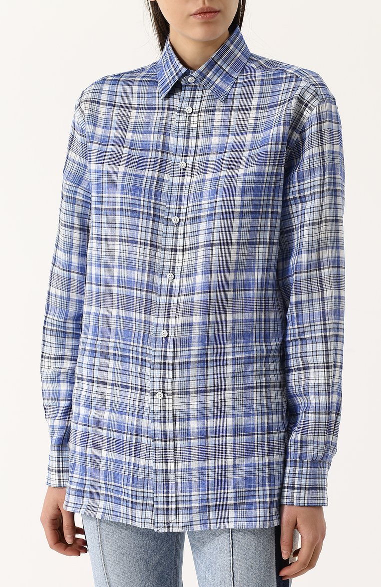 Женская льняная блуза свободного кроя в клетку RALPH LAUREN синего цвета, арт. 290707940 | Фото 3 (Рукава: Длинные; Материал внешний: Лен; Женское Кросс-КТ: Блуза-одежда; Принт: Клетка, С принтом; Длина (для топов): Удлиненные; Стили: Кэжуэл; Материал сплава: Проверено, Проставлено; Драгоценные камни: Проставлено)