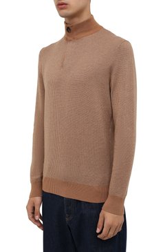 Мужской джемпер из кашемира и хлопка ZEGNA бежевого цвета, арт. UYQ25/127 | Фото 3 (Материал внешний: Шерсть, Хлопок, Кашемир; Рукава: Длинные; Длина (для топов): Стандартные; Мужское Кросс-КТ: Джемперы; Вырез: Круглый; Принт: Без принта; Стили: Кэжуэл; Драгоценные камни: Проставлено; Материал сплава: Проставлено)