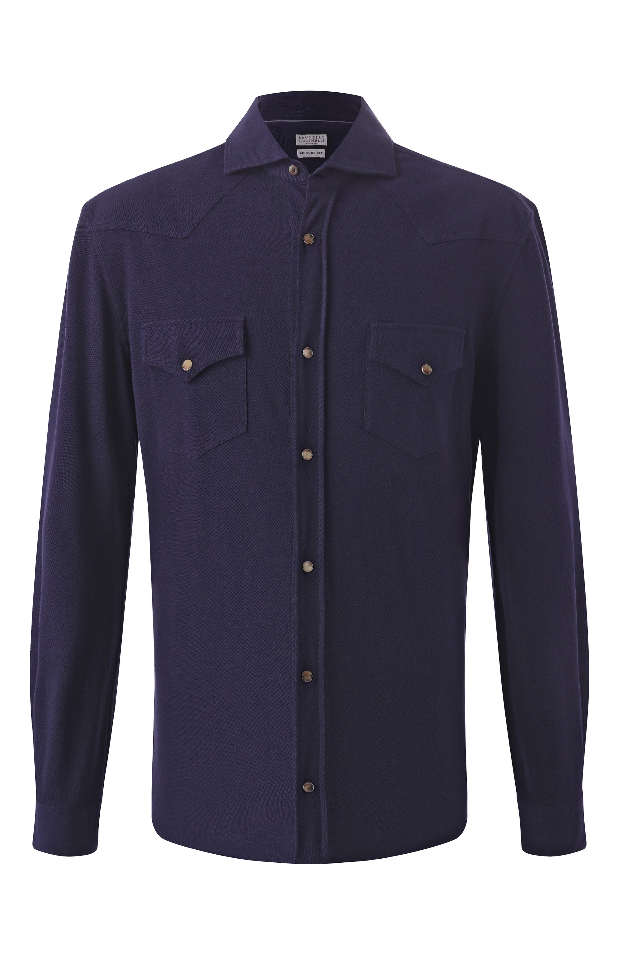 Хлопковая рубашка BRUNELLO CUCINELLI темно-синего цвета по цене 121500 руб., арт. ME854B2268, фото 1 Хлопковая рубашка BRUNELLO CUCINELLI, арт. ME854B2268, фото 1