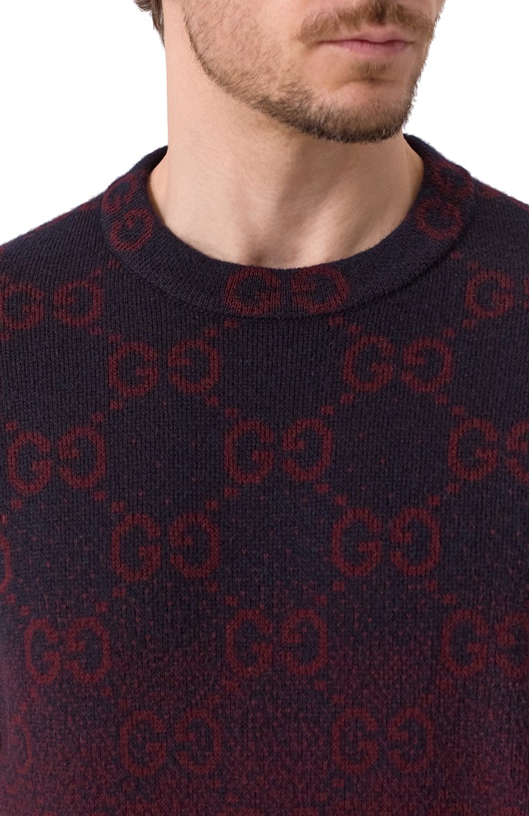 Мужской шерстяной джемпер GUCCI бордового цвета, арт. 788533/XKD42 | Фото 5 (Рукава: Длинные; Материал внешний: Шерсть; Длина (для топов): Стандартные; Мужское Кросс-КТ: Джемперы; Стили: Кэжуэл; Автоматизация ТО: Проставлено; Принт: С принтом; Автоматизация состава: Проставлено; Детали: Без декора)