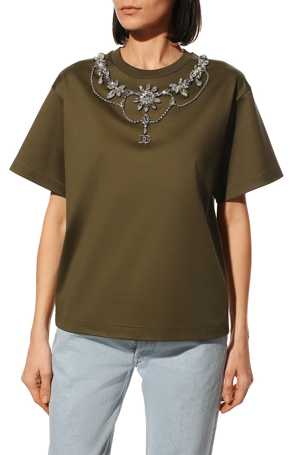 Хлопковая футболка DOLCE & GABBANA хаки цвета по цене 131500 руб., арт. F8R20Z/G7C6I, фото 3 Хлопковая футболка DOLCE & GABBANA, арт. F8R20Z/G7C6I, фото 3