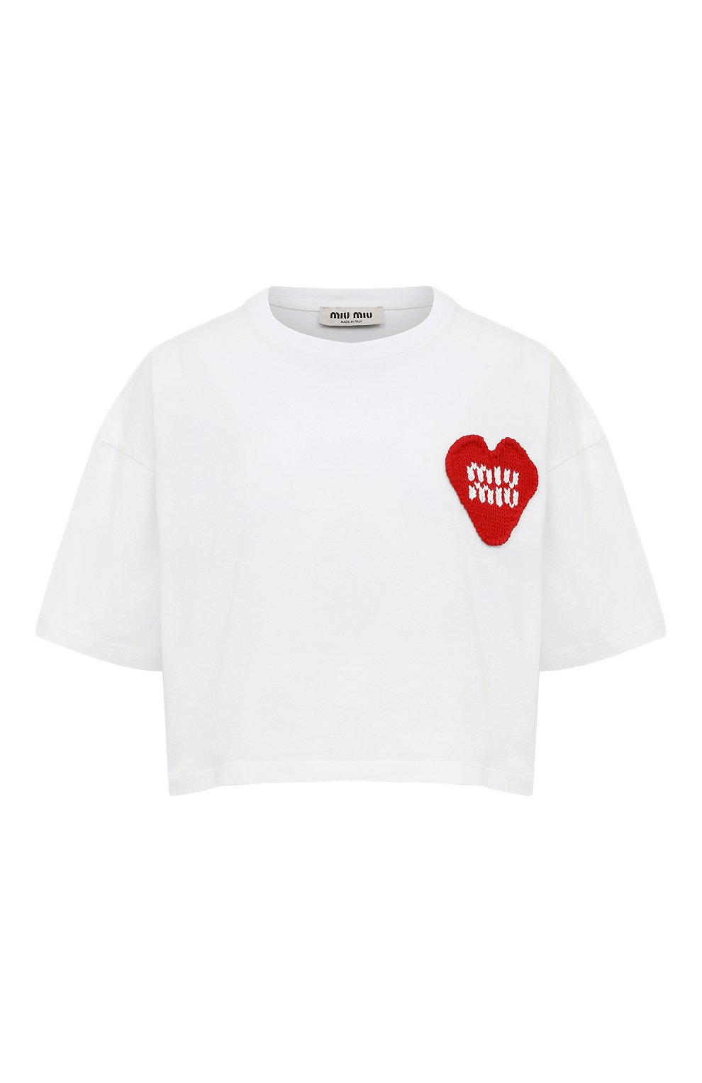 Хлопковая футболка MIU MIU белого цвета по цене 58000 руб., арт. MJN385-11AC-F0009, фото 1 Хлопковая футболка MIU MIU, арт. MJN385-11AC-F0009, фото 1