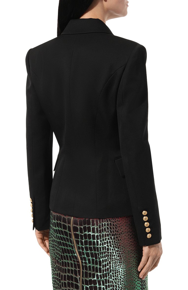 Женский шерстяной жакет BALMAIN черного цвета, арт. AF1SG000WB08 | Фото 4 (Драгоценные камни: Проставлено; Длина (для топов): Стандартные; Материал сплава: Проставлено; Материал внешний: Шерсть; Рукава: Длинные; Стили: Гламурный; Случай: Формальный; Женское Кросс-КТ: Жакет-одежда; 1-2-бортные: Двубортные)
