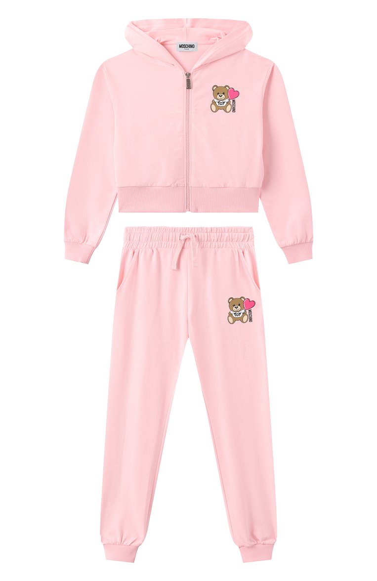 Детская комплект из толстовки и брюк MOSCHINO светло-розового цвета, арт. HDK033/LDA00/10-14 | Фото 1 (Рукава: Длинные; Драгоценные камни: Проставлено; Материал сплава: Проставлено; Девочки Кросс-КТ: Костюмы-спорт; Тематический товар: Teddy Bear; Материал внешний: Хлопок; Ростовка одежда: 10 - 11 лет | 140 - 146см, 16 лет | 164 см, 12 лет | 152 см)