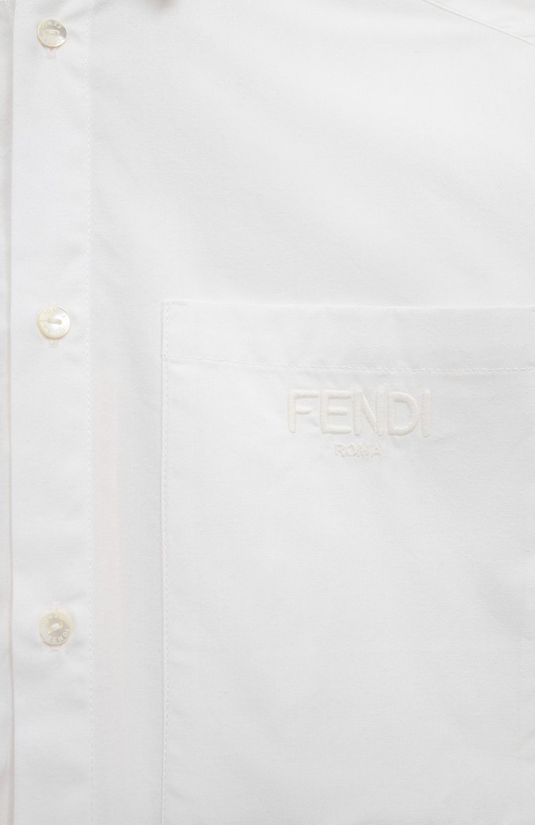 Детское хлопковая рубашка FENDI белого цвета, арт. JFC106/A0CV/8A-12+ | Фото 3 (Материал внешний: Хлопок; Рукава: Длинные; Драгоценные камни: Проставлено; Материал сплава: Проставлено; Случай: Повседневный; Ростовка одежда: 9 лет | 134 см, 10 - 11 лет | 140 - 146см, 12 лет | 152 см, 13 - 15 лет | 158 см)