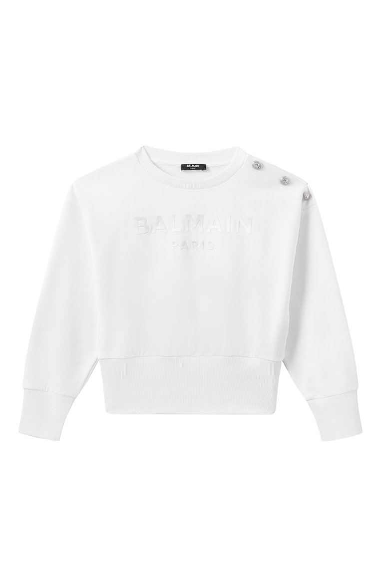 Детский хлопковый свитшот BALMAIN белого цвета, арт. BW4A80 | Фото 1 (Рукава: Длинные; Девочки Кросс-КТ: Свитшот-одежда; Материал внешний: Хлопок; Ростовка одежда: 6 лет | 116 см, 8 лет | 128 см, 10 - 11 лет | 140 - 146см, 13 - 15 лет | 158 см, 12 лет | 152 см, 16 лет | 164 см)