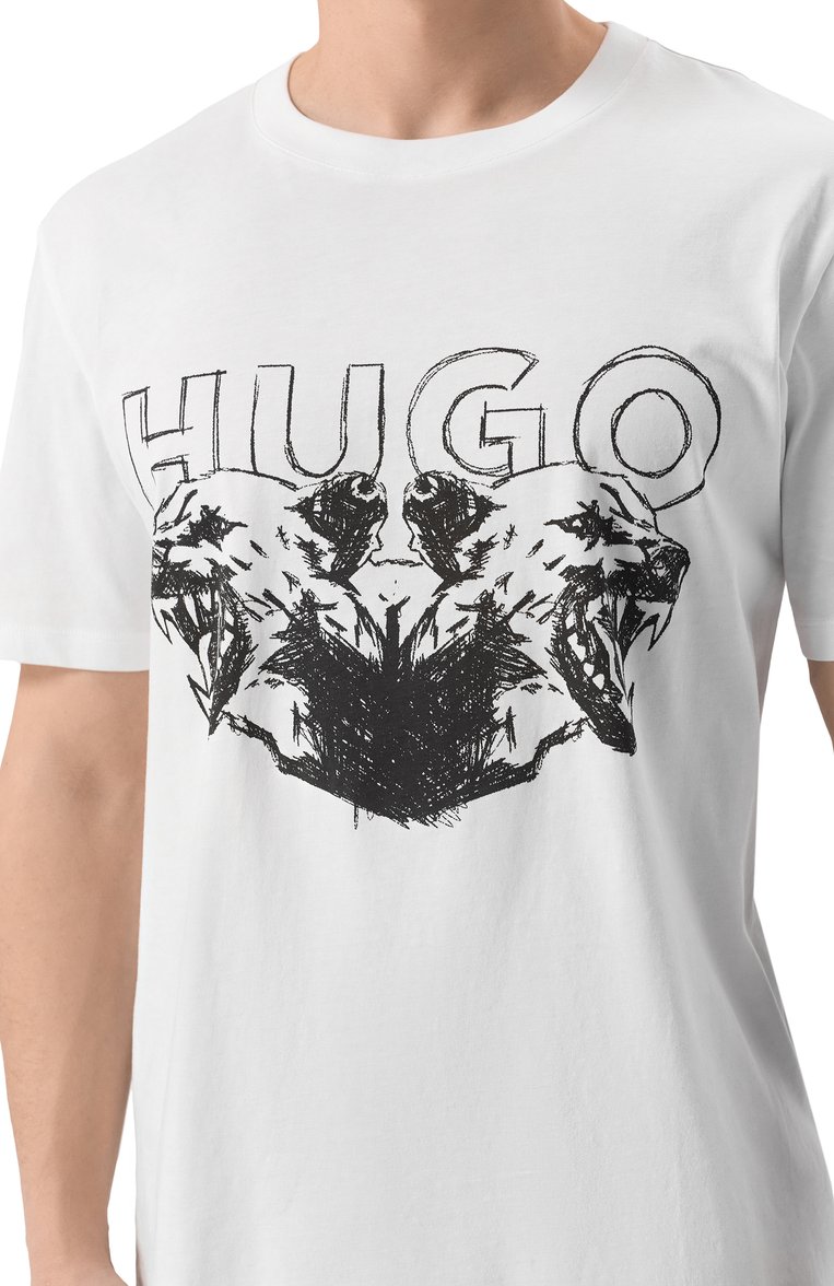 Мужская хлопковая футболка HUGO белого цвета, арт. 50538257 | Фото 5 (Длина (для топов): Стандартные; Рукава: Короткие; Материал внешний: Хлопок; Стили: Кэжуэл, Гранж; Принт: С принтом; Мужское Кросс-КТ: Футболка-одежда; Кросс-КТ: Джерси)