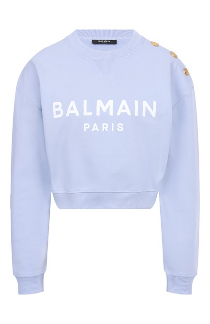 Женский хлопковый свитшот BALMAIN голубого цвета, арт. EF1JQ002/BB02 | Фото 1 (Драгоценные камни: Проставлено; Рукава: Длинные; Материал сплава: Проставлено; Материал внешний: Хлопок; Длина (для топов): Укороченные)