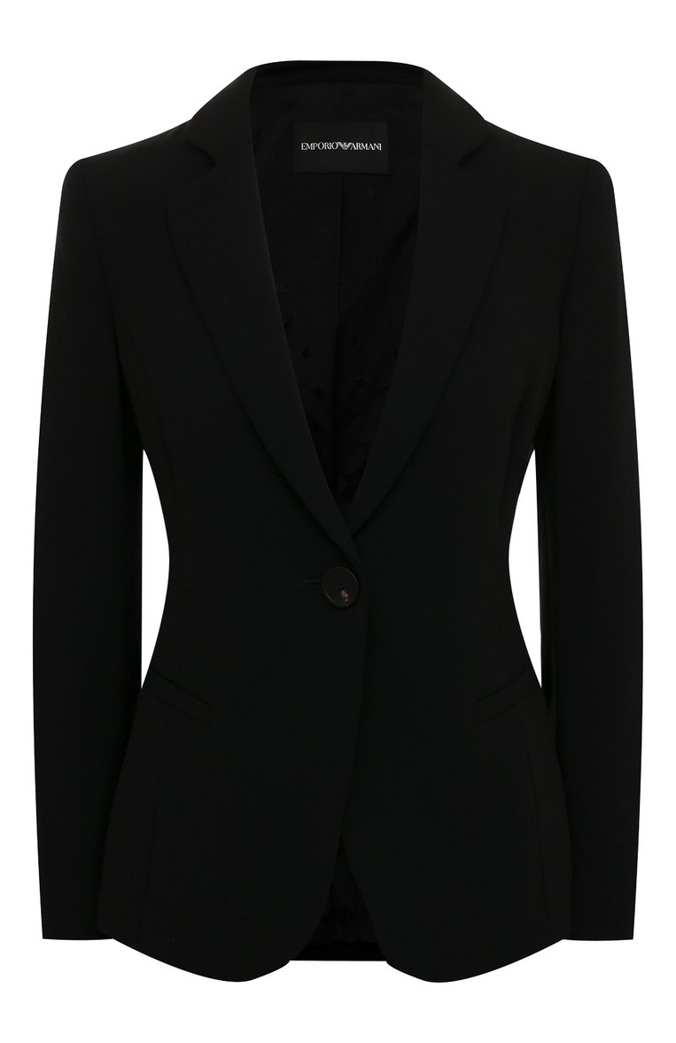 Женский шерстяной жакет EMPORIO ARMANI черного цвета, арт. 0NG3BT/02002 | Фото 1 (Материал подклада: Вискоза; Материал внешний: Шерсть; Рукава: Длинные; Длина (для топов): Стандартные; Стили: Классический; Женское Кросс-КТ: Жакет-одежда; 1-2-бортные: Однобортные; Случай: Формальный; Драгоценные камни: Проставлено; Материал сплава: Проставлено; Региональные ограничения белый список (Axapta Mercury): Не проставлено)