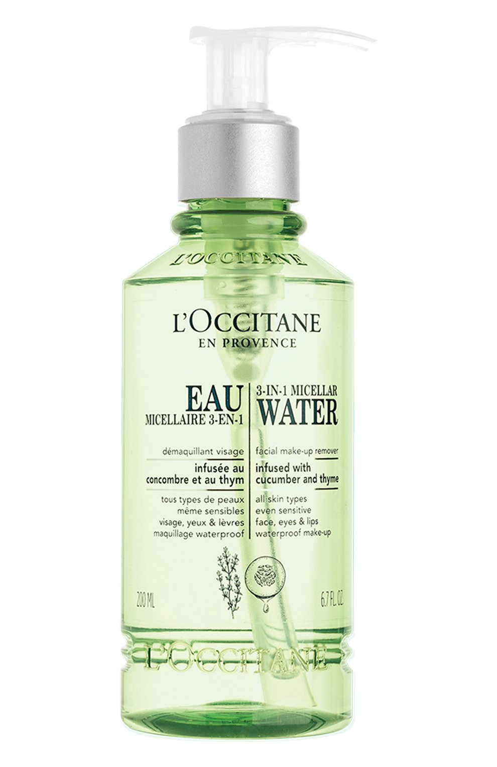 Мицеллярная вода 3-в-1 с чабрецом и огурцом (200ml) L`OCCITANE бесцветного цвета по цене 2700 руб., арт. 716694, фото 1 Мицеллярная вода 3-в-1 с чабрецом и огурцом (200ml) L`OCCITANE, арт. 716694, фото 1