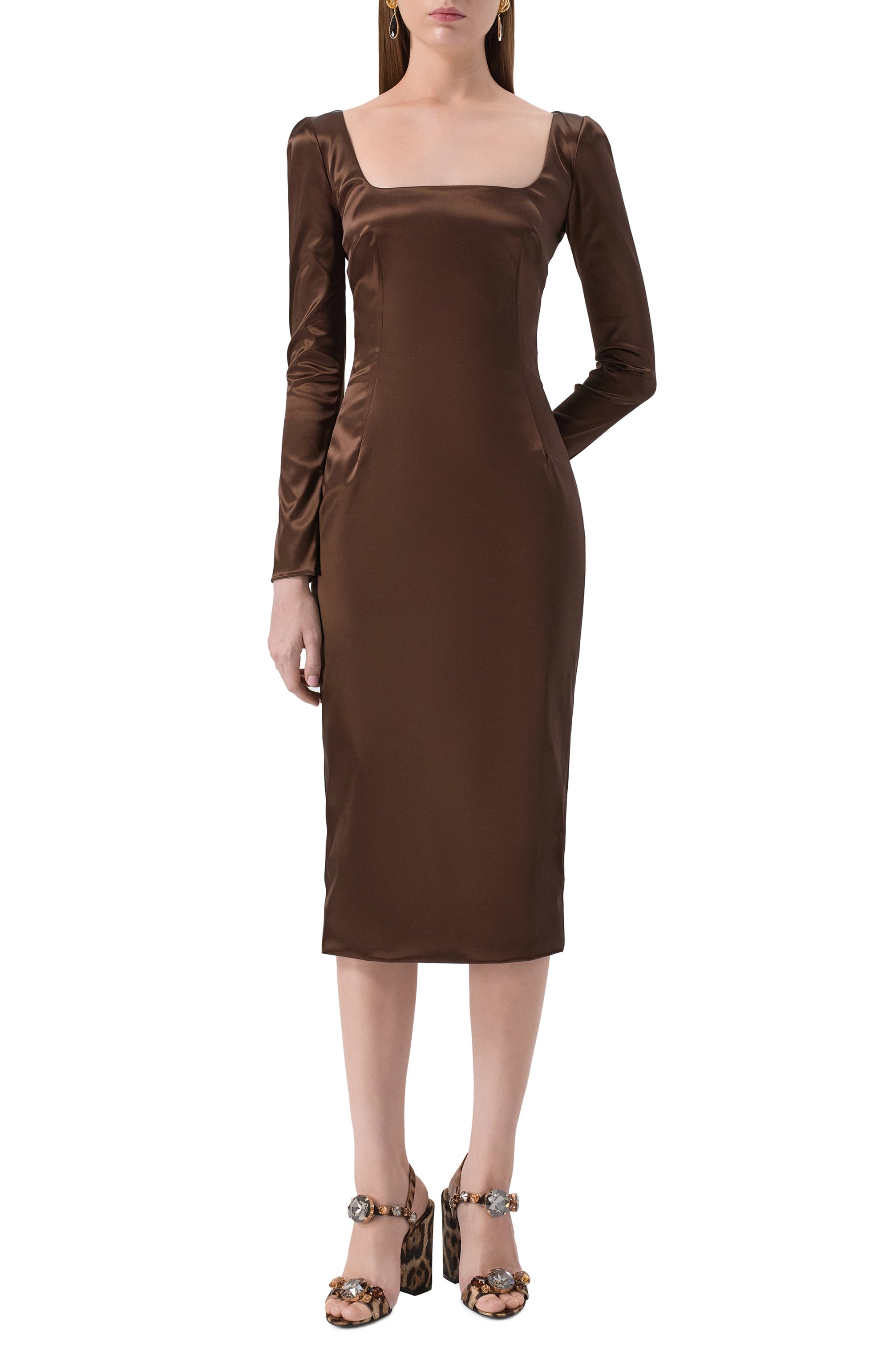 Атласное платье DOLCE & GABBANA коричневого цвета по цене 310000 руб., арт. F6TYGT/FURAD, фото 3 Атласное платье DOLCE & GABBANA, арт. F6TYGT/FURAD, фото 3