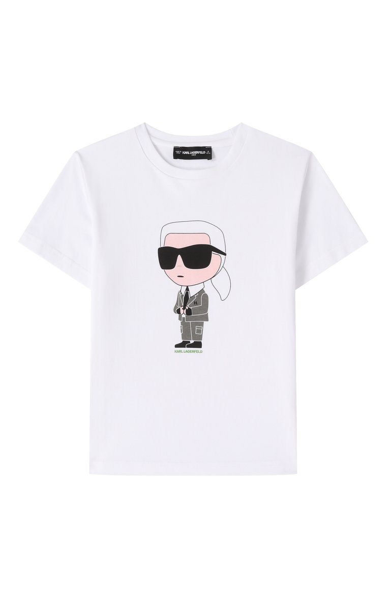 Детская хлопковая футболка KARL LAGERFELD KIDS белого цвета, арт. Z30437 | Фото 1 (Рукава: Короткие; Драгоценные камни: Проставлено; Материал сплава: Проставлено; Материал внешний: Хлопок; Мальчики Кросс-КТ: Футболка-одежда; Ростовка одежда: 9 лет | 134 см, 7 лет | 122 см, 13 - 15 лет | 158 см, 16 лет | 164 см, 12 лет | 152 см)