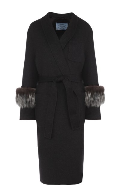 Жен ское шерстяное пальто с поясом и меховой отделкой рукавов PRADA, арт. P601HP-1P7P-F0542