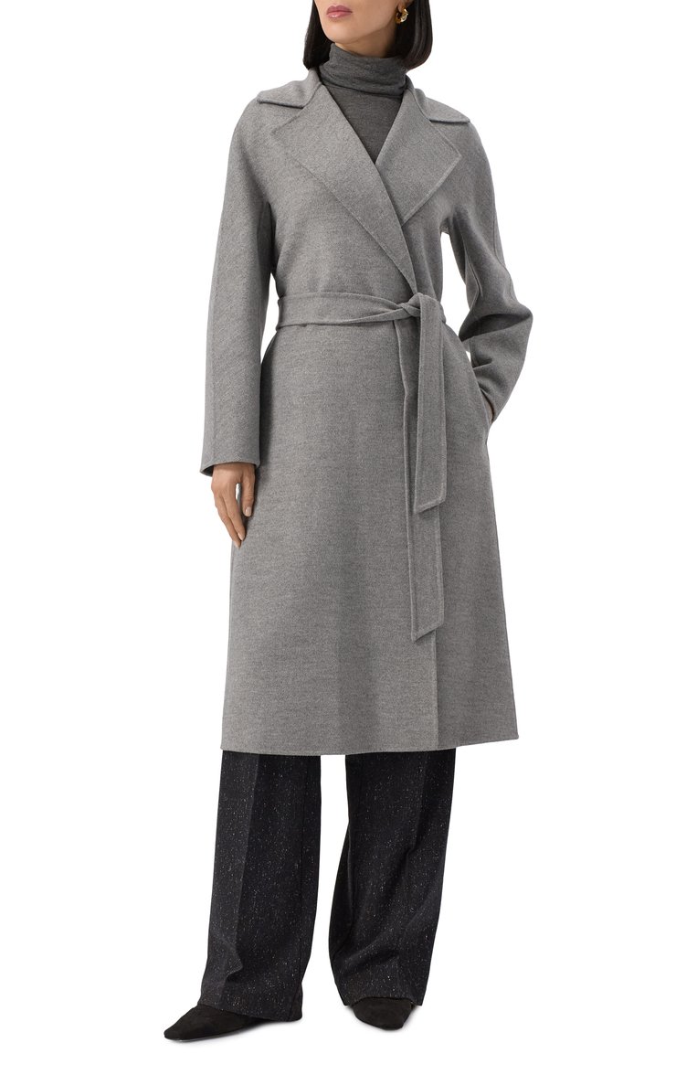 Женское шерстяное пальто MAX MARA STUDIO серого цвета, арт. CLES | Фото 3 (Автоматизация ТО: Проставлено; Автоматизация состава: Проставлено; Длина (верхняя одежда): До колена; Рукава: Длинные; Материал внешний: Шерсть; 1-2-бортные: Однобортные; Стили: Классический)