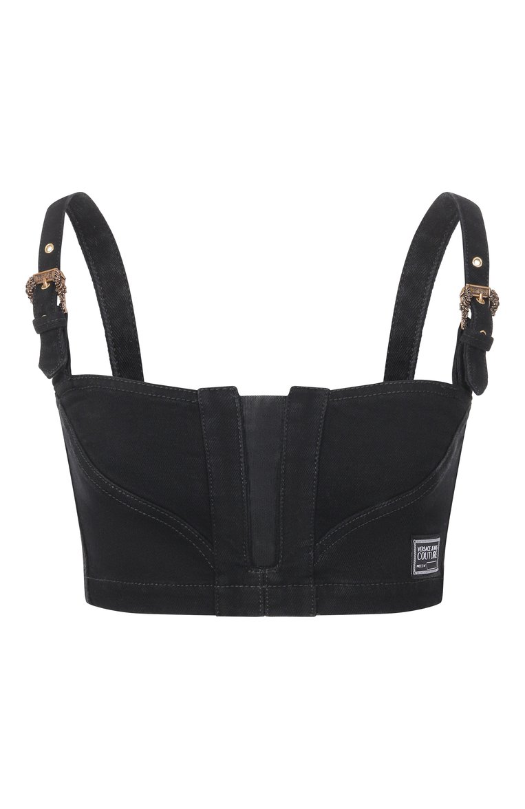 Женский джинсовый топ VERSACE JEANS COUTURE черного цвета, арт. 78HAM250/DW040L54 | Фото 1 (Длина (для топов): Укороченные; Материал внешний: Хлопок, Деним; Кросс-КТ: костюм, Деним; Рукава: На бретелях; Стили: Гламурный)