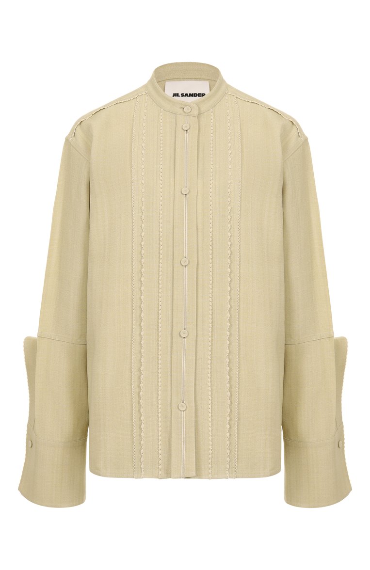 Женская рубашка из вискозы и шелка JIL SANDER зеленого цвета, арт. J02DL0231-J65005 | Фото 1 (Автоматизация состава: Проставлено; Материал внешний: Шелк, Вискоза; Рукава: Длинные; Длина (для топов): Стандартные; Автоматизация ТО: Проставлено; Кросс-КТ: костюм; Женское Кросс-КТ: Рубашка-одежда; Принт: Без принта; Стили: Классический; Детали: Декор)