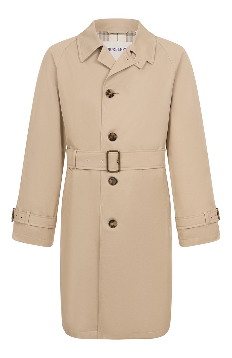 Мужской хлопковый плащ BURBERRY бежевого цвета, арт. 8108800 | Фото 1 (Материал внешний: Хлопок; Рукава: Длинные; Длина (верхняя одежда): До колена; Мужское Кросс-КТ: Плащ-верхняя одежда; Стили: Кэжуэл)
