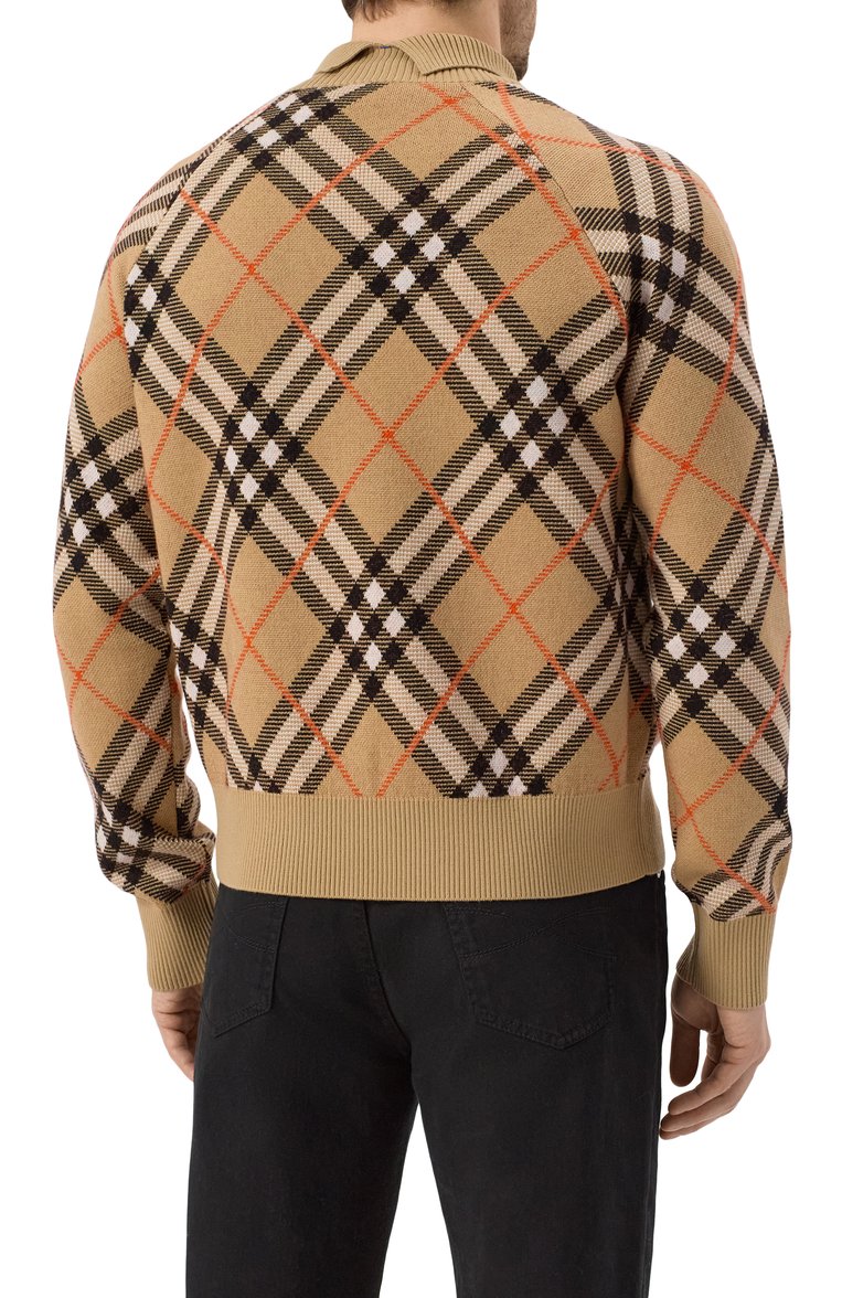 Мужской шерстяной кардиган BURBERRY бежевого цвета, арт. 8095087 | Фото 4 (Длина (для топов): Стандартные; Рукава: Длинные; Материал внешний: Шерсть; Мужское Кросс-КТ: Кардиган-одежда; Стили: Кэжуэл; Застежка: Молния)