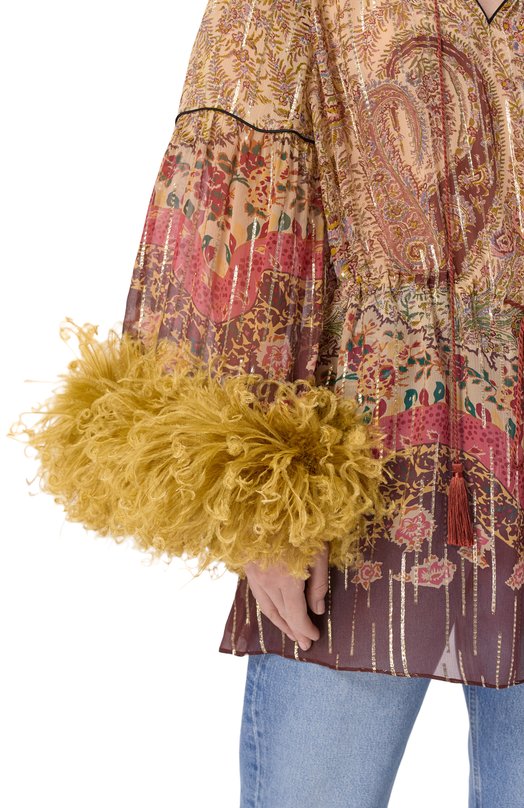 Шелковая блузка с отделкой перьями Valentino 8B3AEBB7/A54 Бежевый  8B3AEBB7/A54 Фото 5