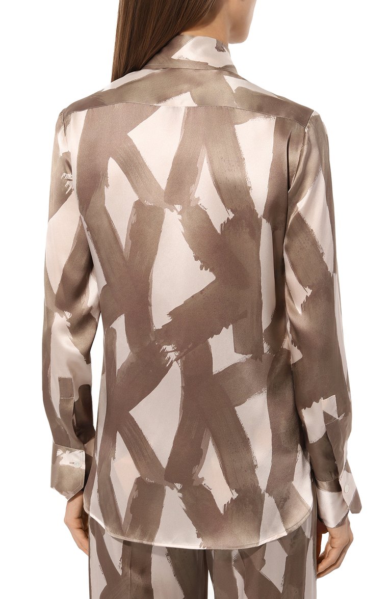 Женская атласная блузка KITON бежевого цвета, арт. D48407K0978C | Фото 4 (Длина (для топов): Стандартные; Рукава: Длинные; Материал внешний: Шелк; Женское Кросс-КТ: Блуза-одежда; Принт: С принтом; Стили: Романтичный)
