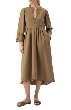 Женское хлопковое платье ISABEL MARANT ETOILE хаки цвета, арт. 25PR00656FA/C1J12E | Фото 2 (Длина Ж (юбки, платья, шорты): Миди; Материал внешний: Хлопок; Драгоценные камни: Проставлено; Материал сплава: Проставлено; Рукава: Длинные; Случай: Повседневный; Женское Кросс-КТ: Платье-одежда; Стили: Кэжуэл)