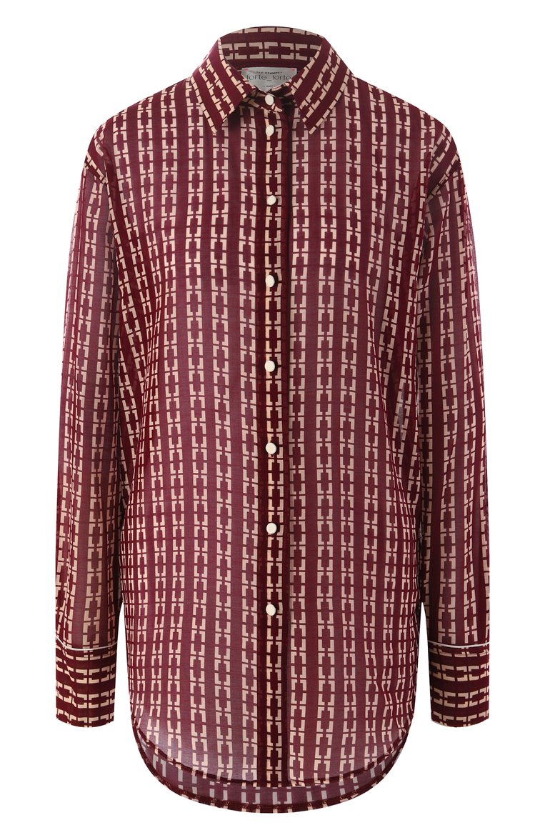 Женская шелковая рубашка FORTE_FORTE бордового цвета, арт. 13629_MY SHIRT | Фото 1 (Длина (для топов): Удлиненные; Материал сплава: Проставлено; Драгоценные камни: Проставлено; Рукава: Длинные; Принт: С принтом; Кросс-КТ: костюм; Женское Кросс-КТ: Рубашка-одежда; Стили: Романтичный; Материал внешний: Шелк)