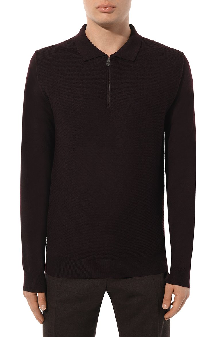 Мужское шерстяное поло CORNELIANI бордового цвета, арт. 92M506-3825138 | Фото 3 (Длина (для топов): Стандартные; Рукава: Длинные; Материал внешний: Шерсть; Стили: Кэжуэл; Застежка: Молния; Кросс-КТ: Трикотаж; Принт: Без принта; Автоматизация ТО: Проставлено; Автоматизация состава: Проставлено)