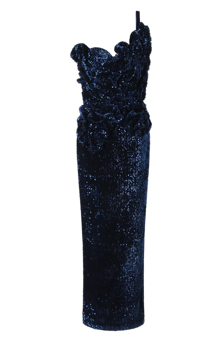 Женское платье с отделкой пайетками SPERANZA COUTURE темно-синего цвета, арт. SC069 | Фото 1 (Материал внешний: Вискоза; Материал подклада: Шелк; Длина Ж (юбки, платья, шорты): Макси; Случай: Вечерний; Женское Кросс-КТ: Платье-одежда, платье-футляр; Стили: Гламурный; Рукава: На бретелях)