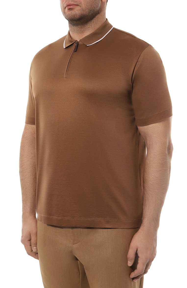 Мужская хлопковое поло CANALI коричневого цвета, арт. T0827B/MJ02035 | Фото 3 (Рукава: Короткие; Материал внешний: Хлопок; Застежка: Молния; Big sizes: Big Sizes; Длина (для топов): Стандартные; Стили: Кэжуэл; Принт: Без принта; Кросс-КТ: Трикотаж; Автоматизация ТО: Проставлено; Автоматизация состава: Проставлено; Детали: Без декора)