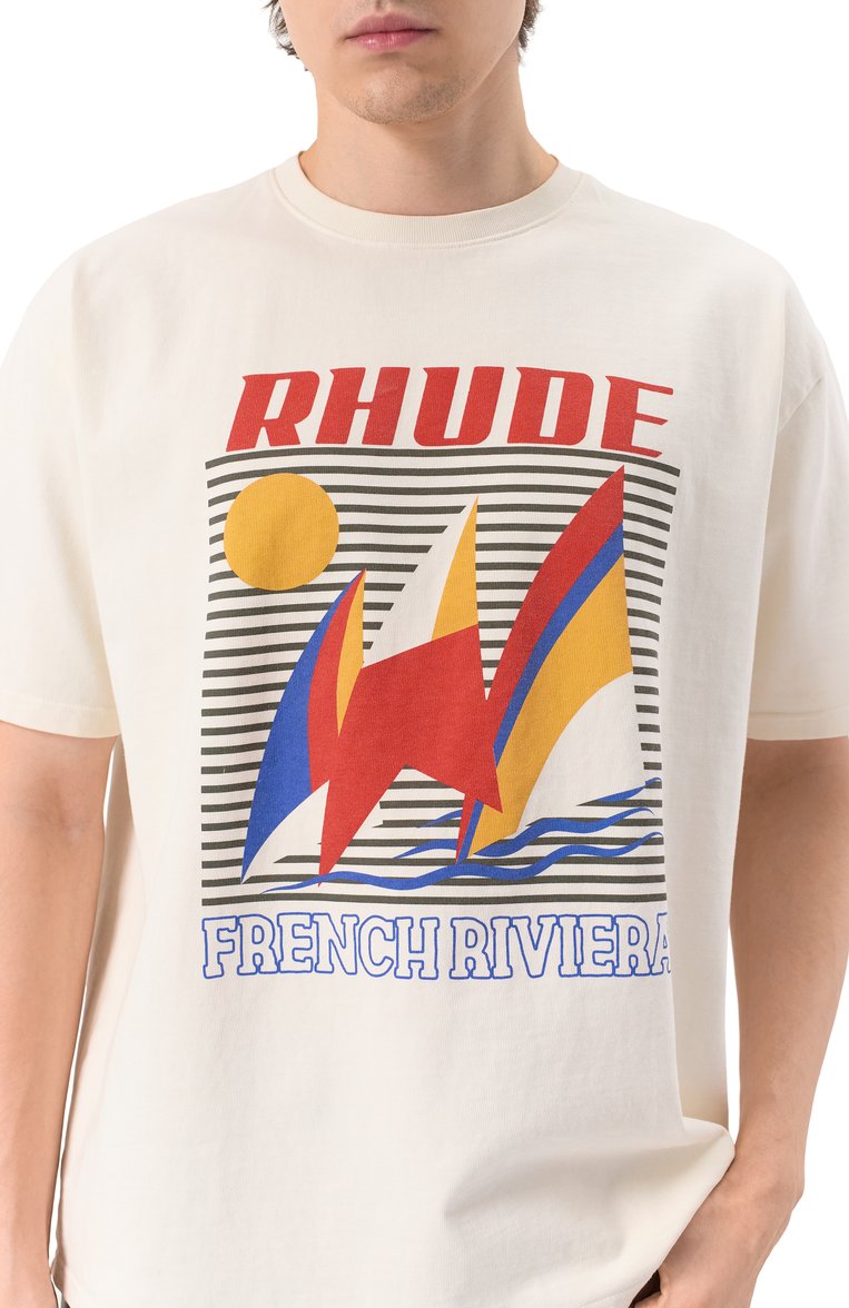Мужская хлопковая футболка RHUDE кремового цвета, арт. RHPS25TT10012 | Фото 4 (Материал сплава: Проставлено; Длина (для топов): Стандартные; Рукава: Короткие; Драгоценные камни: Проставлено; Принт: С принтом; Стили: Кэжуэл; Материал внешний: Хлопок; Кросс-КТ: Джерси; Мужское Кросс-КТ: Футболка-одежда)