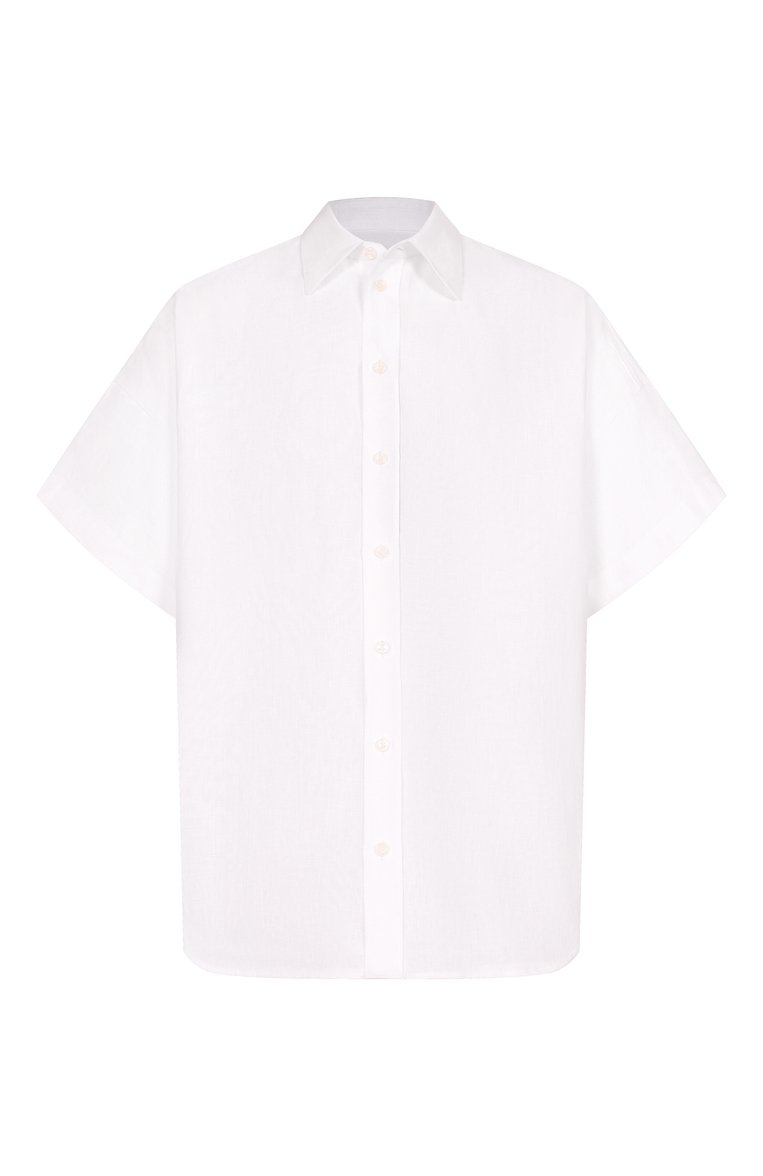 Мужская льняная рубашка DOLCE & GABBANA белого цвета, арт. G5NE4T/FU4JB | Фото 1 (Рукава: Короткие; Длина (для топов): Стандартные; Материал внешний: Лен; Воротник: Кент; Случай: Повседневный; Принт: Однотонные; Стили: Кэжуэл; Автоматизация ТО: Проставлено; Размерность: Идёт в размер; Автоматизация состава: Проставлено; Детали: Без декора)