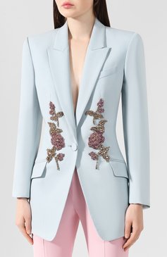 Женский жакет из смеси шерсти и шелка ALEXANDER MCQUEEN голубого цвета, арт. 585790/QJAAA | Фото 3 (Рукава: Длинные; Длина (для топов): Удлиненные; Статус проверки: Проверено, Проверена категория; Материал внешний: Шерсть; Случай: Вечерний, Формальный; 1-2-бортные: Однобортные; Женское Кросс-КТ: Жакет-одежда)