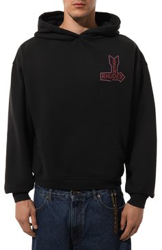 Мужской хлопковое худи RHUDE черного цвета, арт. RHPF24H001012 | Фото 3 (Длина (для топов): Стандартные; Материал сплава: Проставлено; Драгоценные камни: Проставлено; Рукава: Длинные; Материал внешний: Хлопок; Мужское Кросс-КТ: Худи-одежда; Стили: Спорт-шик; Принт: С принтом)