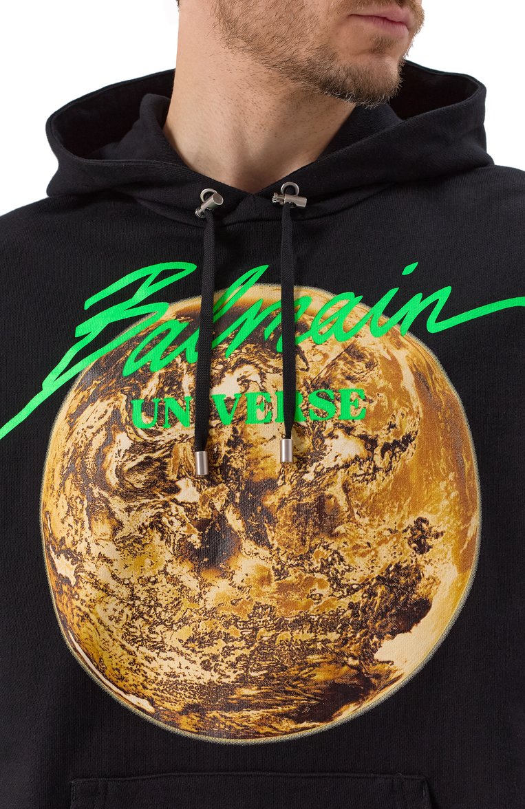Мужской хлопковое худи BALMAIN черного цвета, арт. EH0JT047GE78 | Фото 5 (Матер�иал внешний: Хлопок; Длина (для топов): Стандартные; Рукава: Длинные; Мужское Кросс-КТ: Худи-одежда; Стили: Кэжуэл; Принт: С принтом)