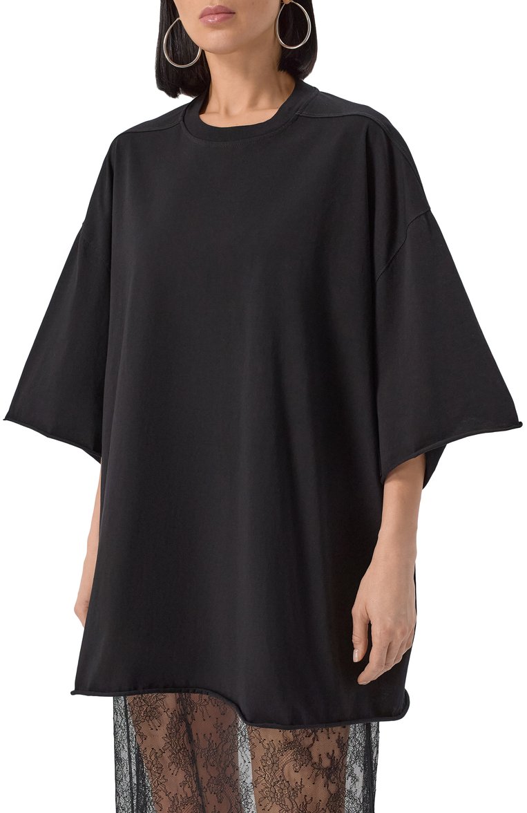 Женская хлопковая футболка RICK OWENS черного цвета, арт. RP01E7204/JA | Фото 3 (Материал внешний: Хлопок; Стили: Кэжуэл; Принт: Без принта; Женское Кросс-КТ: Футболка-одежда; Мужское Кросс-КТ: Футболка-одежда; Длина (для топов): Удлиненные; Автоматизация состава: Проставлено; Автоматизация ТО: Проставлено; Рукава: 3/4)
