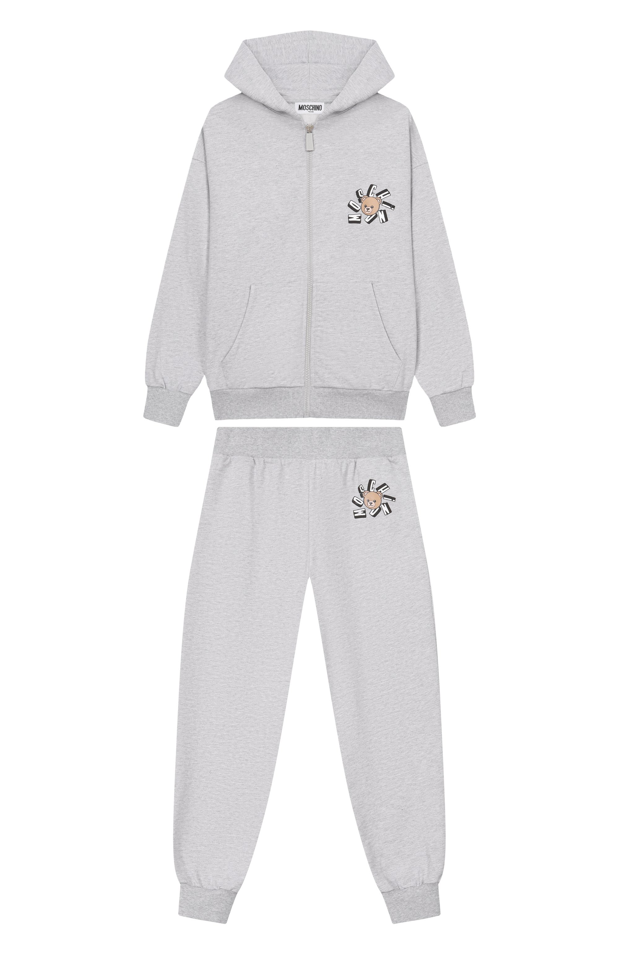 Костюм из толстовки и брюк MOSCHINO светло-серого цвета по цене 28450 руб., арт. HUK04H/LCA19_001, фото 1 Костюм из толстовки и брюк MOSCHINO, арт. HUK04H/LCA19_001, фото 1