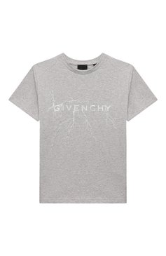 Детская хлопковая футболка GIVENCHY серого цвета, арт. H30548 | Фото 1 (Материал внешний: Хлопок; Рукава: Короткие; Драгоценные камни: Проставлено; Материал сплава: Проставлено; Мальчики Кросс-КТ: Футболка-одежда; Ростовка одежда: 12 лет | 152 см, 5 лет | 110 см, 9 лет | 134 см, 7 лет | 122 см, 13 - 15 лет | 158 см)